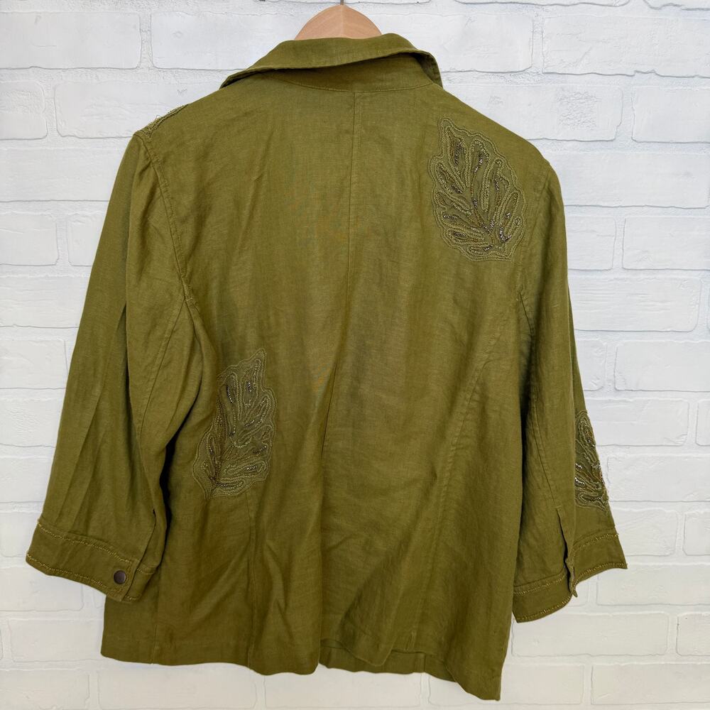 Chico's Women's 100% Linen Green Leaf Beads 3/4 Sleeve Button Jacket -sz 2 12/14 - Picture 2 of 6